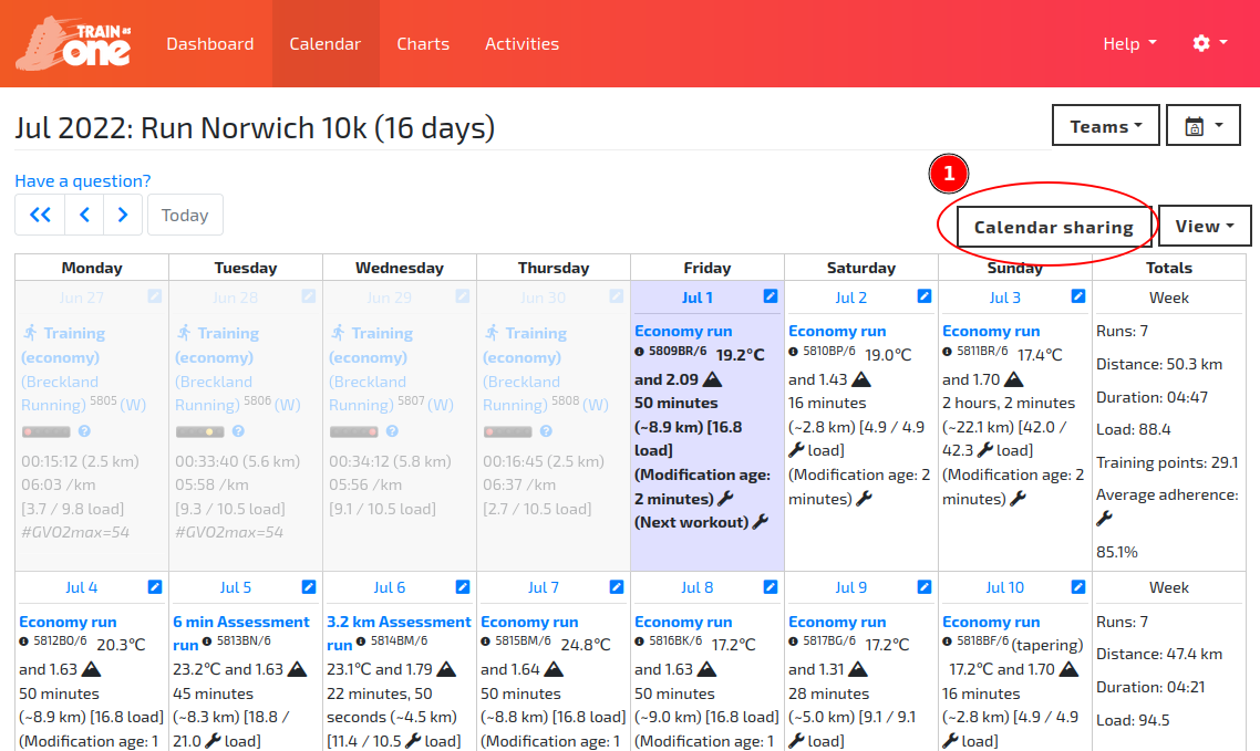 The 'Calendar Sharing' button on your TrainAsONE Calendar page.