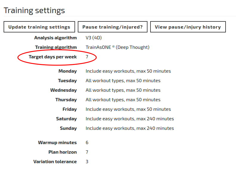 The 'Target days per week' option of the TrainAsONE Training Settings.
