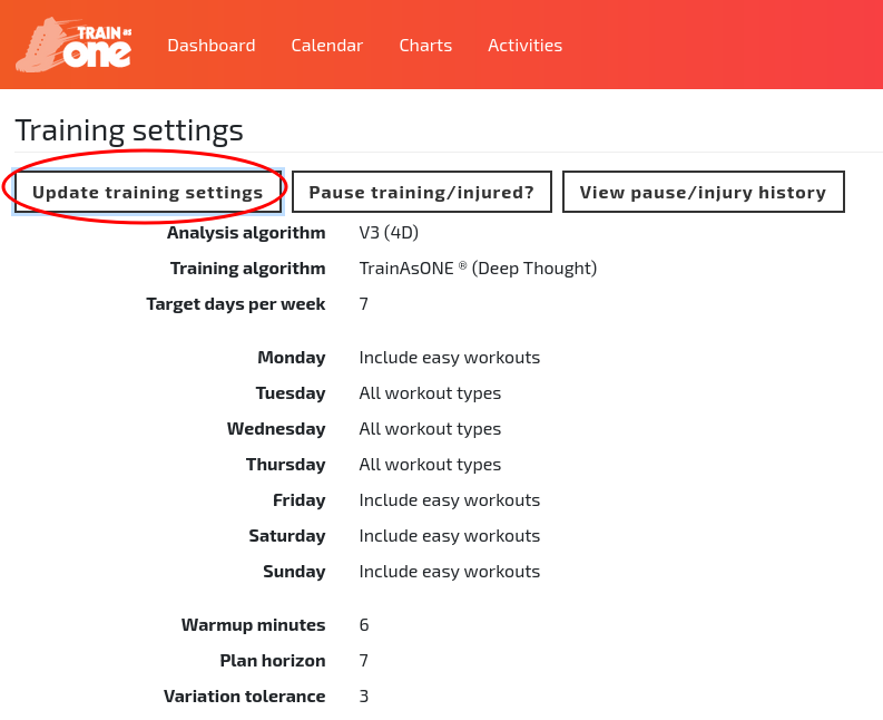 The ‘Update training settings’ button of the Training Settings page.