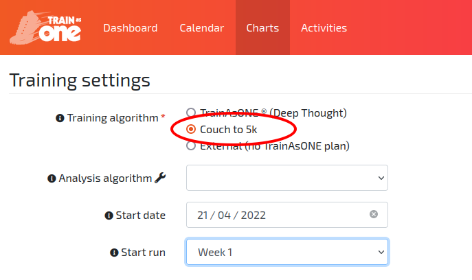 Selecting the Couch to 5k plan within Training Settings.