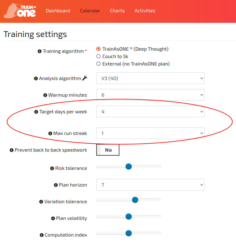 The 'Target days per week' and 'Max run streak' fields of the Training Settings within TrainAsONE.