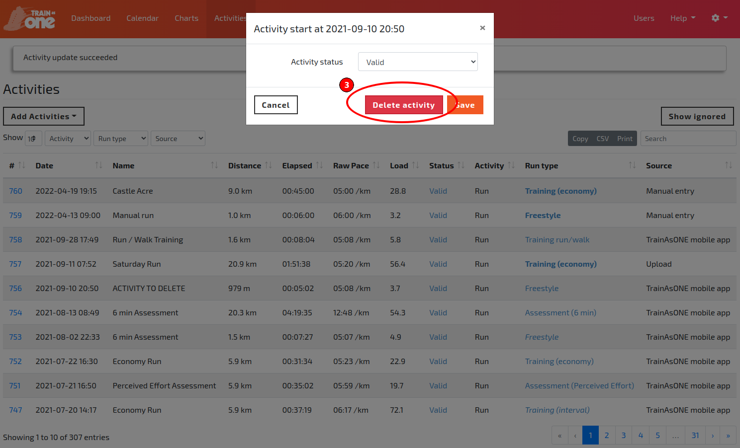 The Delete activity button.