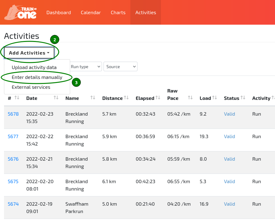 The 'Enter details manually' option of the Add Activities menu.