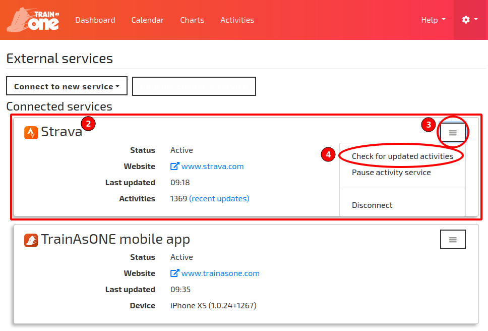 Screenshot illustrating how to manually initiate a Strava to TrainAsONE activity synchronisation.