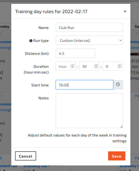 The 'Add specific workout' link in the calendar.