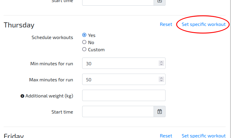 The Training settings option in the user menu.