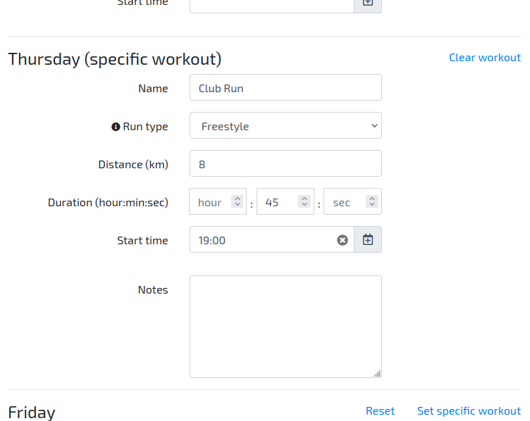 The Set specific workout link within Training Settings.