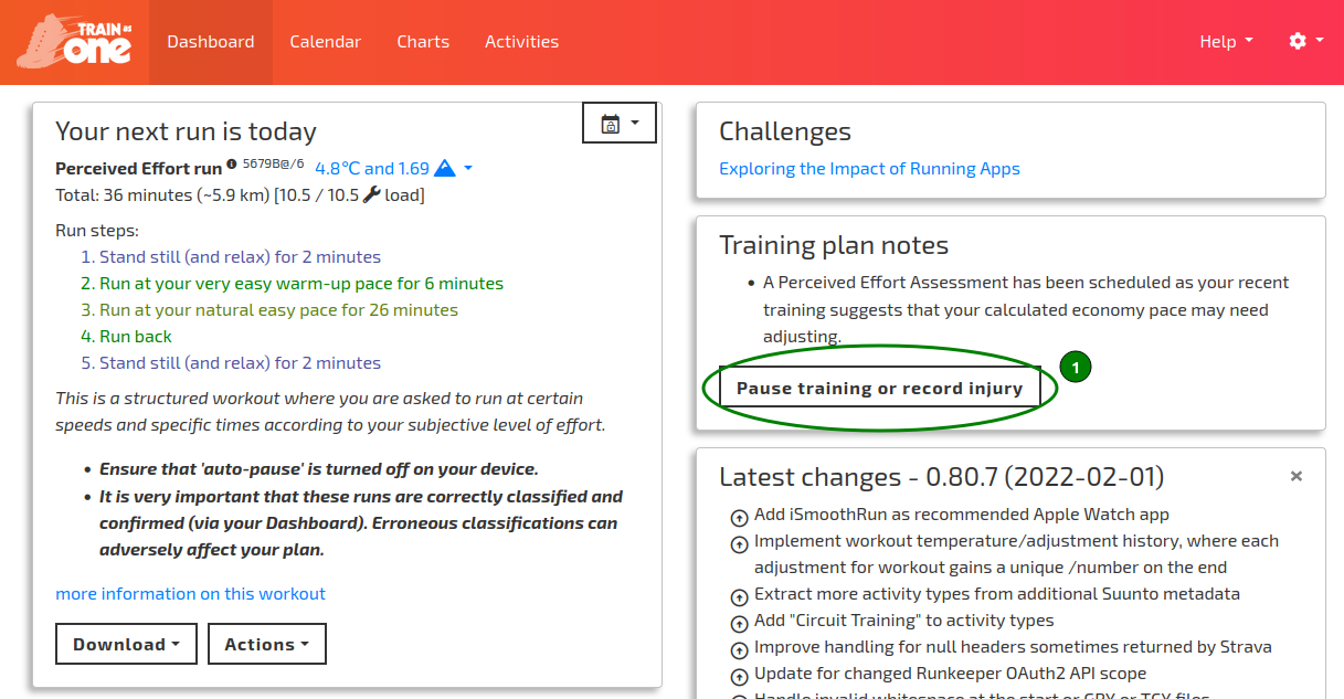 The Pause training or record injury button on the Dashboard.