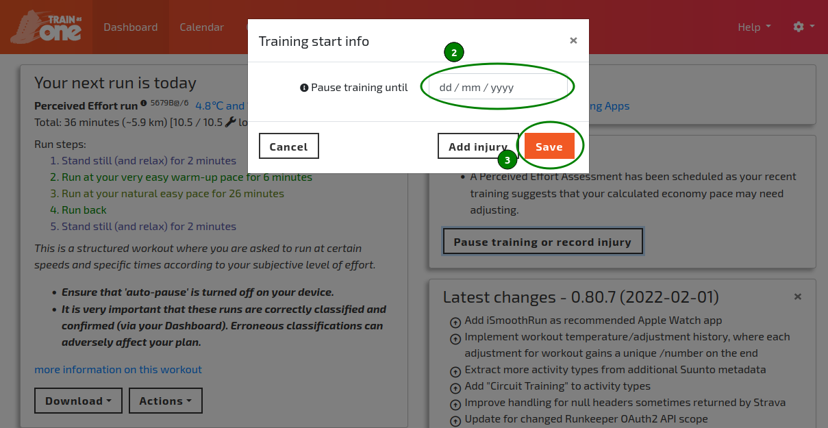 The Pause training dialog.