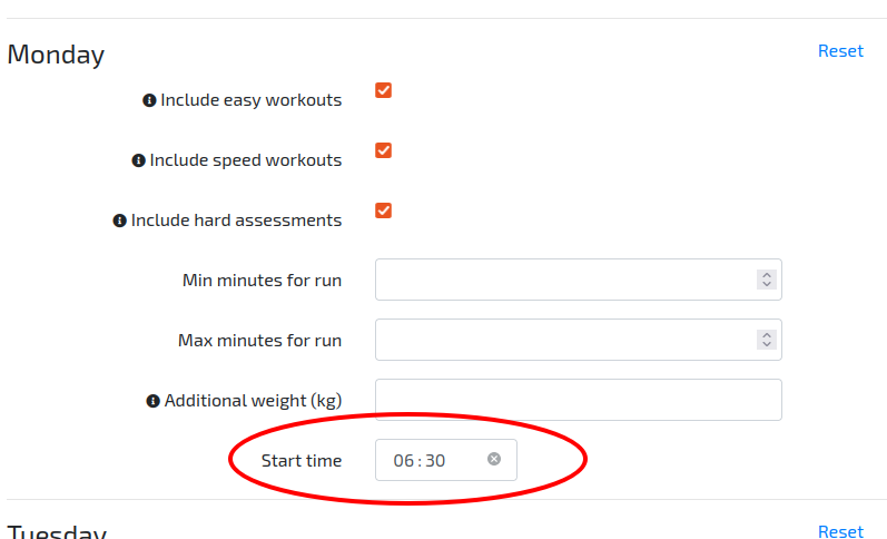 Specifying a preferred run start time in Training Settings.