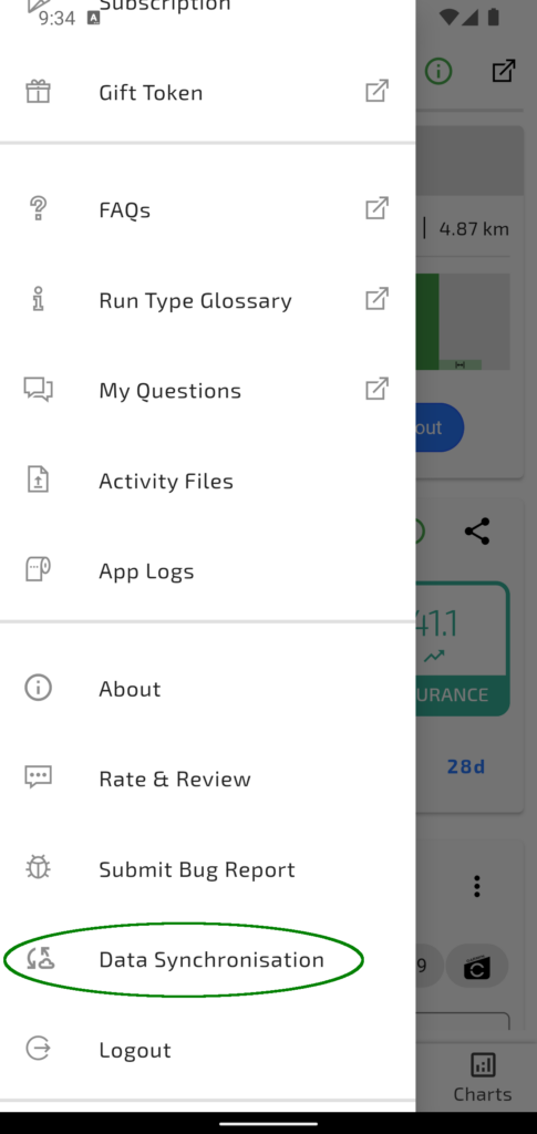 Screenshot of the TrainAsONE mobile app highlighting the Data Synchronisation menu item of the main app drawer.
