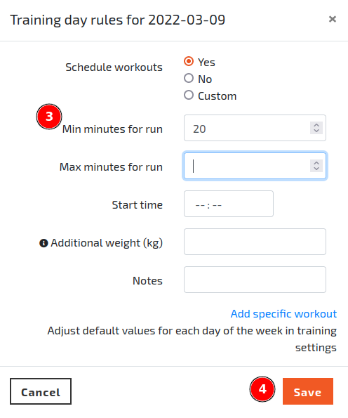 The Training Day Rules dialog illustrating setting a minimum run duration for the day.