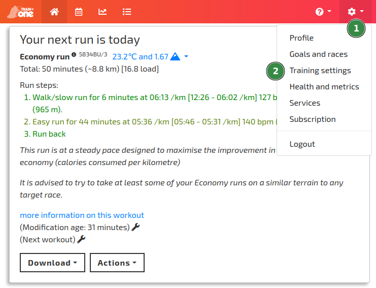 Accessing your Training Settings from the TrainAsONE Settings menu.