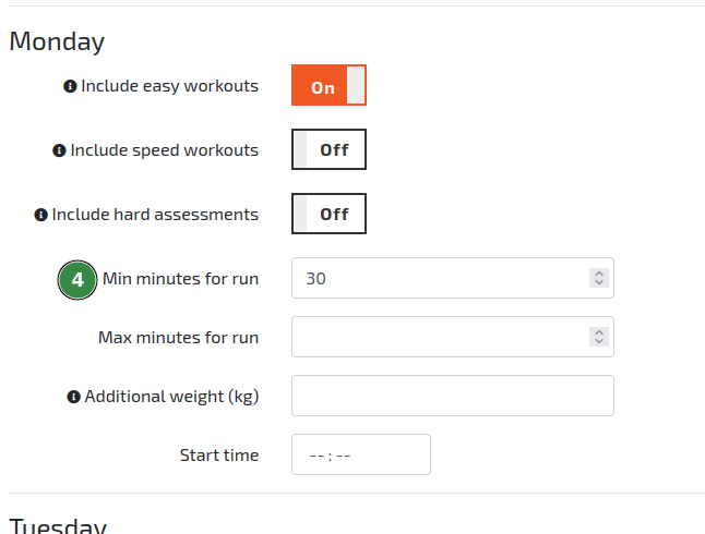 Specifying a 30 minute run duration for Monday within the TrainAsONE Training Settings.