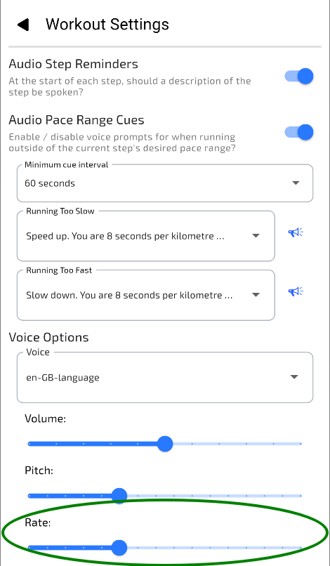 The Rate slider of the Workout Settings screen.