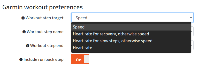 The Garmin Workout Preferences section of the TrainAsONE Profile page.