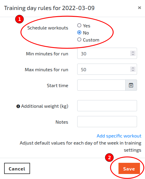 The Training Day Rules dialog illustrating how to specify that you cannot run on a specific day.