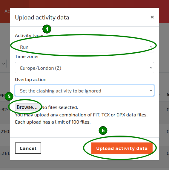 The Upload activity data pop-up dialog.