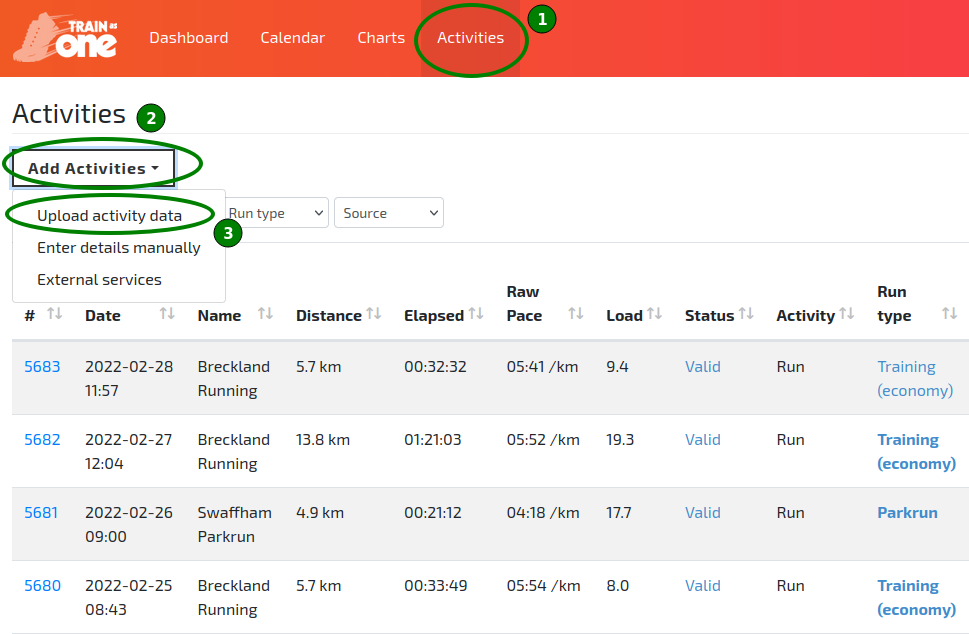 The ‘Upload activity data’ option of the Add Activities menu.