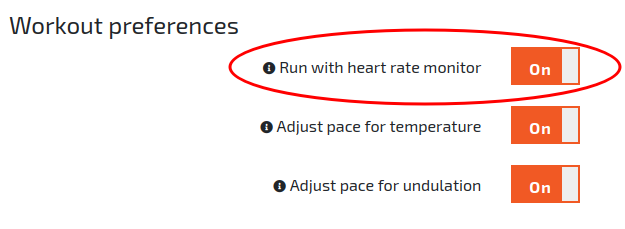 The Workout Preferences section of the Profile screen with the heart rate monitor option enabled.