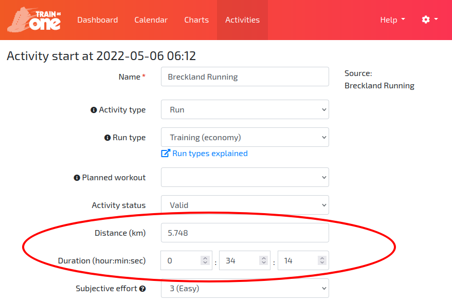 The Distance and Duration field of the Edit Activity page. 