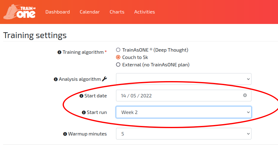 The ‘Start date’ and ‘Start run’ Couch to 5k options on the Training Settings page.