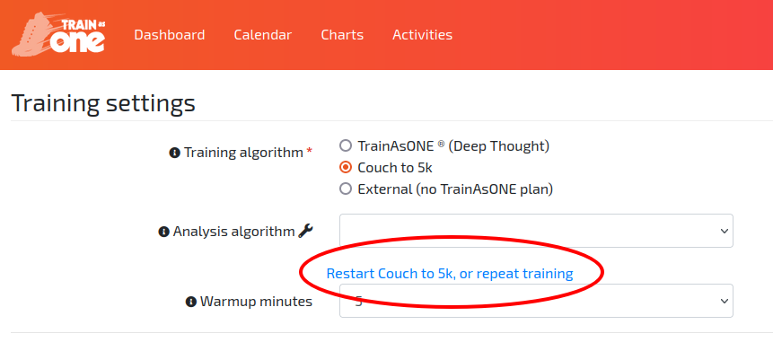 The ‘Restart Couch to 5k, or repeat training’ link on the Training Settings page.