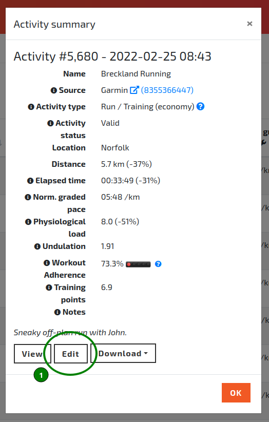 The Activity summary pop-up dialog.