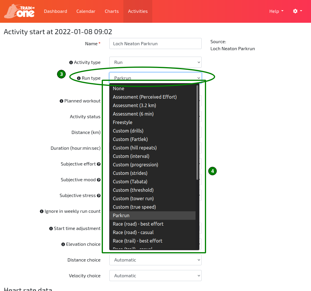 The 'Run type' drop-down menu on the Edit Activity page.