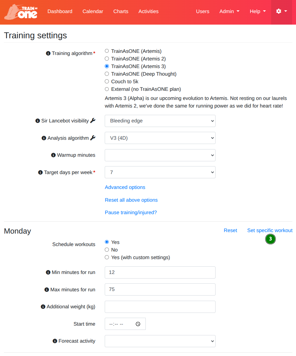 Click the associated 'Set specific workout' link for the desired day.