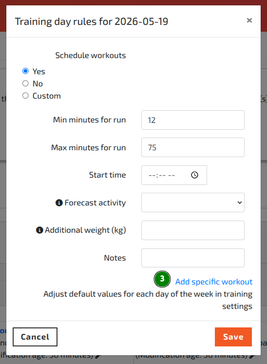 Click on the 'Add specific Workout' link.