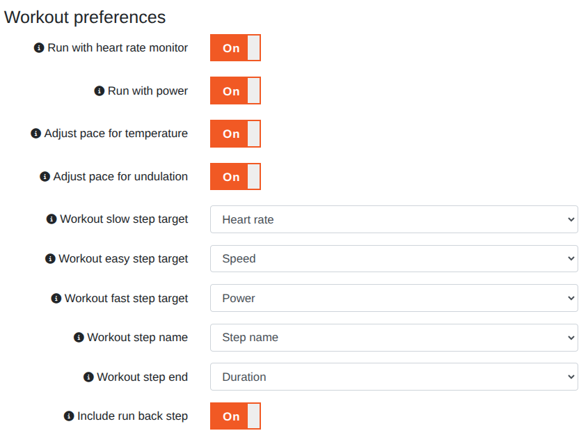 The Workout preferences section of the TrainAsONE Profile page.