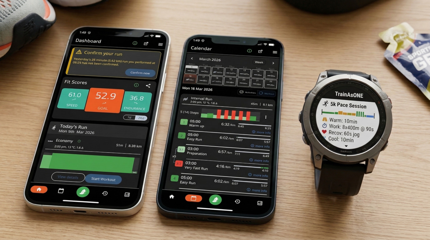 TrainAsONE App on Phone and Watch (Dark)